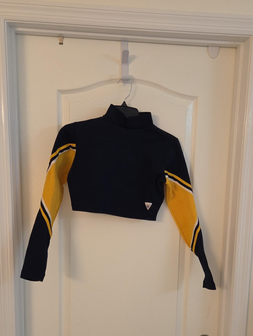 Cropped Mock Neck Top in Navy with Yellow Sleeves